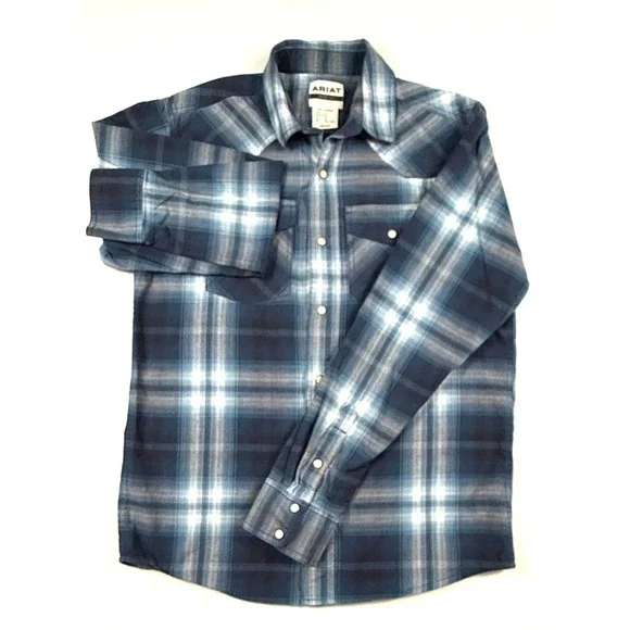 Ariat‎ Retro Fit Plaid Western Snap Button Long Sleeve Shirt Men"s M Blue White - Picture 2 of 9